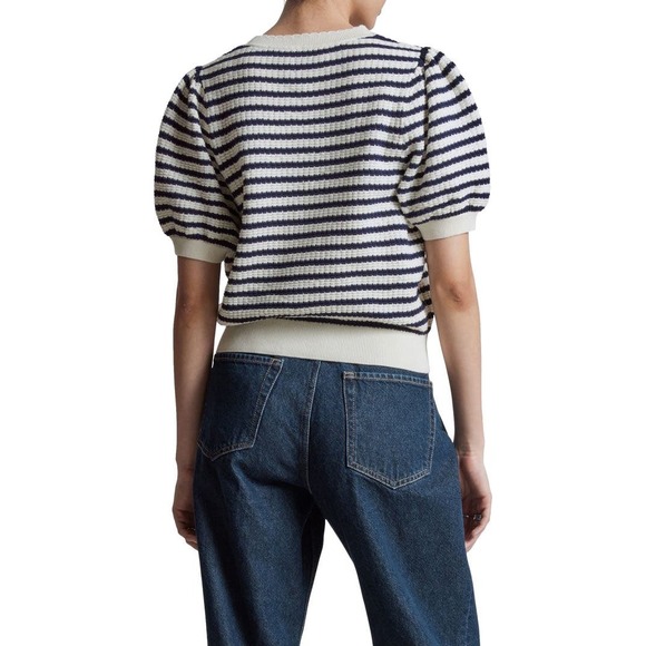 & Other Stories Striped Scalloped Puff Sleeve Cotton Sweater Navy Cream Small - Picture 2 of 11